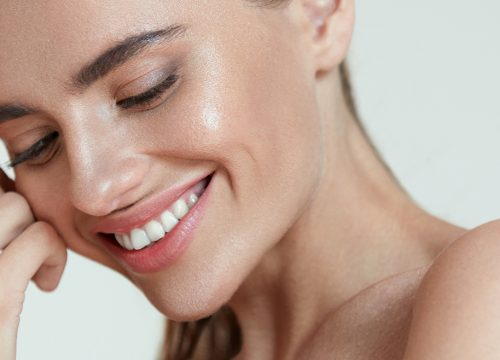 Smiling brunette woman with great skin